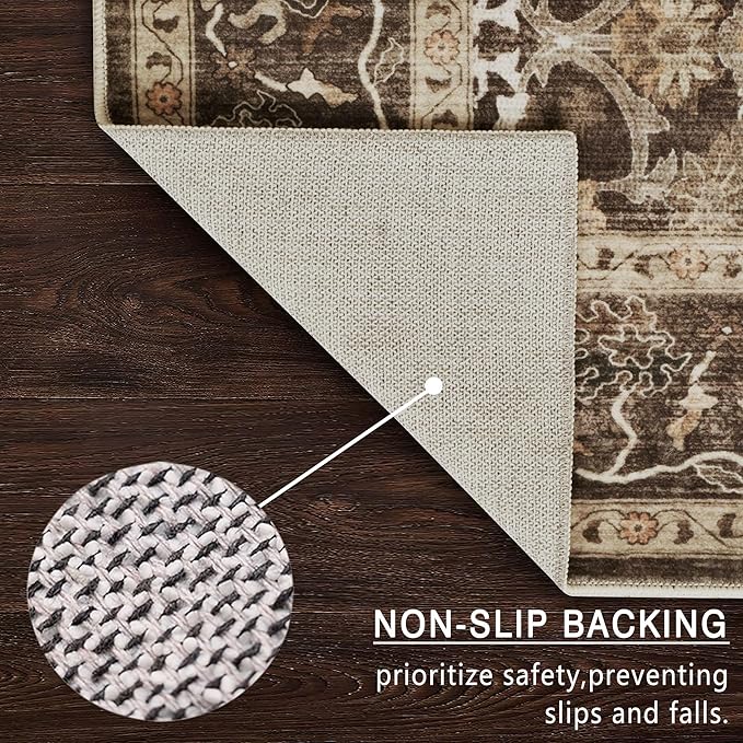 5x7 Area Rugs - Ultra-Thin Washable Rug with Non-Slip Backing, Ideal for Living Room, Bedroom, Dining Room Indoor - Vintage Floral, Easy Clean, Durable, Low Pile Rug Black