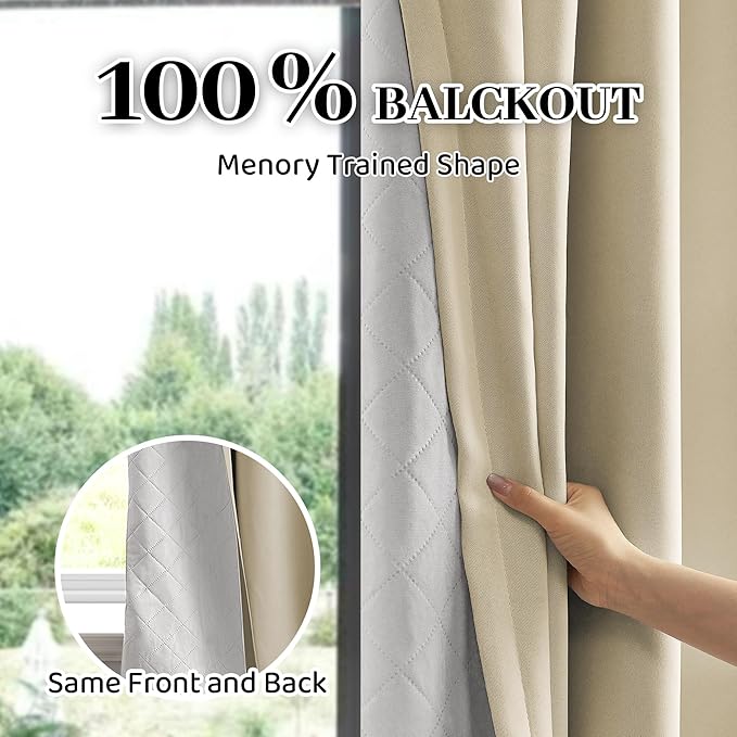 100% Blackout Thermal Insulated Curtains, 3 Layers Noise Absorbing, Soundproof Back Tab Drapes for Sliding Glass Door Baby Nursery Bedroom with Hooks, Beige 50x108 Inch Set of 1