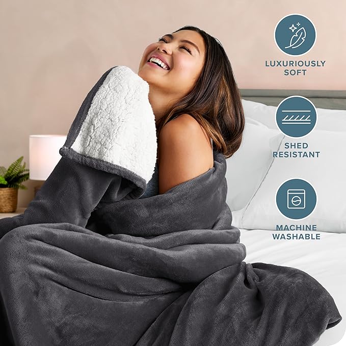Bare Home Sherpa Fleece Blanket - Twin/Twin Extra Long - Blanket for Bed, Sofa, and Couch - Warm & Lightweight - Fluffy & Soft - Reversible (Twin/Twin XL, Forged Iron Grey)