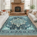 Area Rugs Square 8ft Washable Non-Slip, Floral Vintage Distress Print Pattern Medallion Carpet for Living Room Bedroom Dining Room, Teal Green Lake Blue Turquoise