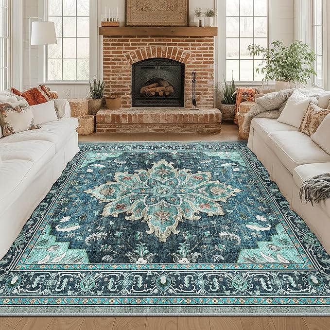 Area Rugs Square 8ft Washable Non-Slip, Floral Vintage Distress Print Pattern Medallion Carpet for Living Room Bedroom Dining Room, Teal Green Lake Blue Turquoise