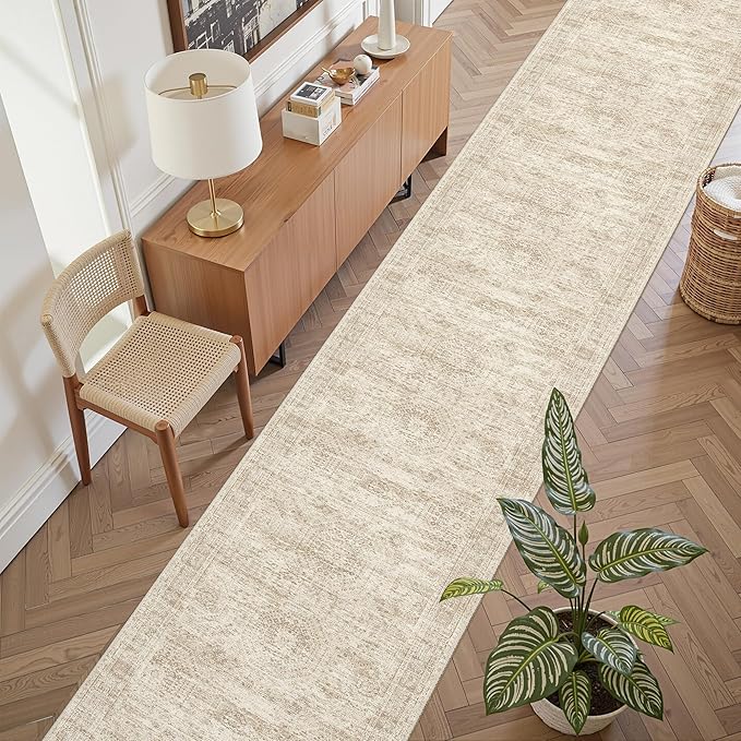 Runner Rug 2'6" x 12' Washable Non-Slip Runner Rugs for Kitchen Bathroom Laundry Room Vintage Ultra Thin Runners for Hallway Entryway Beige