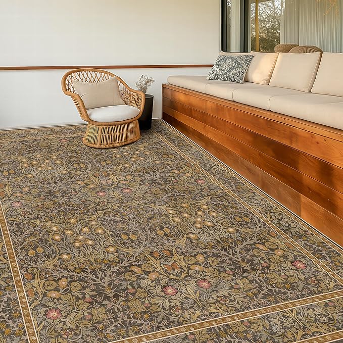 Gold Brown Floral Living Room Rug 5x7 - Vintage Forest Washable Area Rugs for Dining Room, Bedroom, Oriental Distressed Low Pile Non Slip Stain Resistance Indoor Earthy Carpet