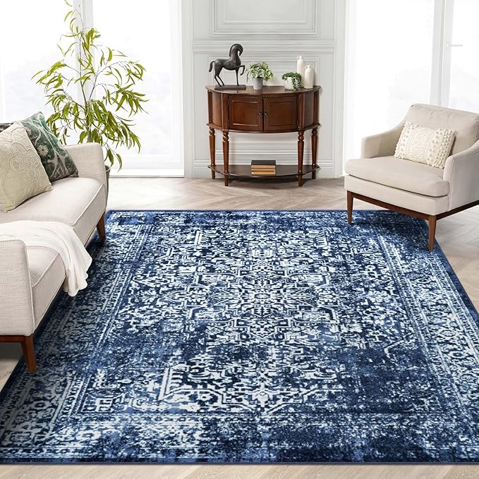 vivorug 9x12 Area Rugs, Stain Resistant Washable Rug for Living Room, Vintage-Inspired (Navy Blue, 9'x12')