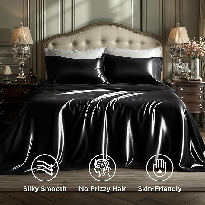 Bedsure Black Satin Sheets Full Size - 4 Piece Silky Bedsheets with 15 Inches Deep Pocket Fitted Bedsheet,1 Flat Sheet, 2 Satin Pillowcases, Good for Hair & Skin (Full, Black)