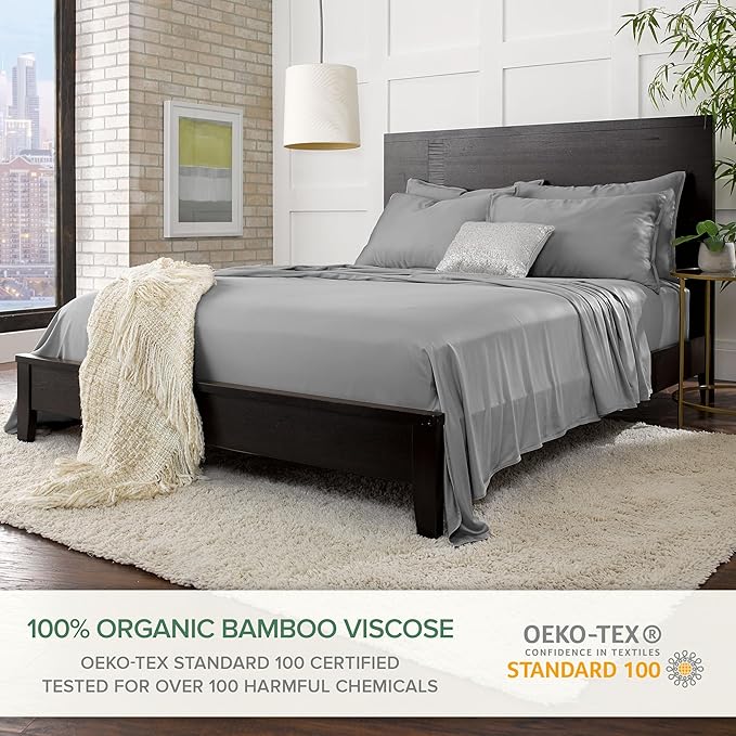 Pure Bamboo Twin XL Sheets, Genuine 100% Organic Viscose Derived from Bamboo Bed Sheet Set, Luxuriously Soft & Cooling, Double Stitching, 2 Year Quality Promise (Twin XL, Stone Grey)
