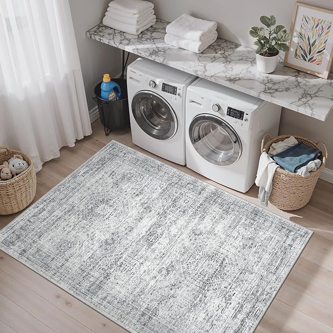 3x5 Rug, Small Area for Kitchen, Entryway, Machine Washable Non-Slip Throw Rug, Vintage Carpet for Nursery Coffee Table Grey