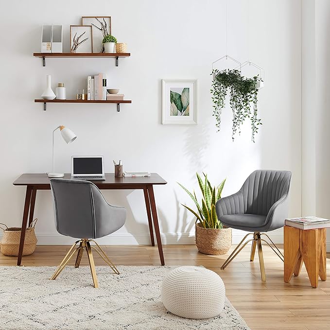 Zouron Mid Century Modern Swivel Accent Chair with Gold Metal Legs, Upholstered Swivel Chair No Wheels, Side Accent Arm Chair Vanity Chair for Small Space Home Office Living Room Bedroom, Grey