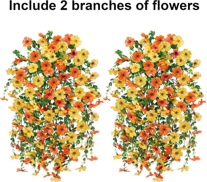 INSPRING Artificial Flowers for Outdoors Fake Mums Hanging Plants Decor, 2Pcs Silk Daisy with Eucalyptus UV Resistant Look Real Trailing Vines for Planter Front Door Patio Yard, OrangeYellow