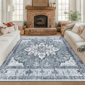 Area Rugs Square 8ft Washable Non-Slip, Floral Vintage Distress Print Pattern Medallion Carpet for Living Room Bedroom Dining Room, Light Gray Grey White
