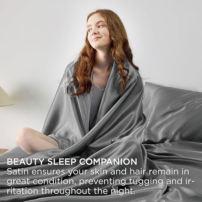 Bedsure Satin Sheets King Size - 4 Piece Silky Bedsheets with 15 Inches Deep Pocket Fitted Bedsheet,1 Flat Sheet, 2 Satin Pillowcases, Good for Hair & Skin (King, Dark Grey)