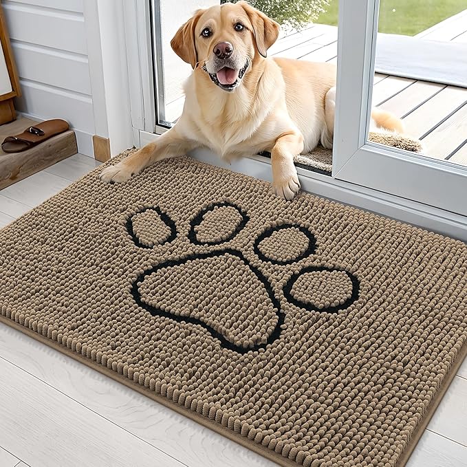 OLANLY Dog Door Mat for Muddy Paws 36x24, Paw Print Design, Absorbs Moisture and Dirt, Absorbent Non-Slip Washable Doormat, Quick Dry Chenille Mud Mat for Dogs, Entry Indoor Entryway Carpet, Tan