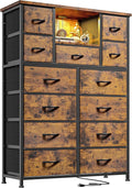 Dresser for Bedroom with 13 Fabric Drawers, Dressers with LED & 4 Charging Ports, 47''H Chest of Drawers with Open Storage Shelves for Hallway, Entryway, Rustic Brown
