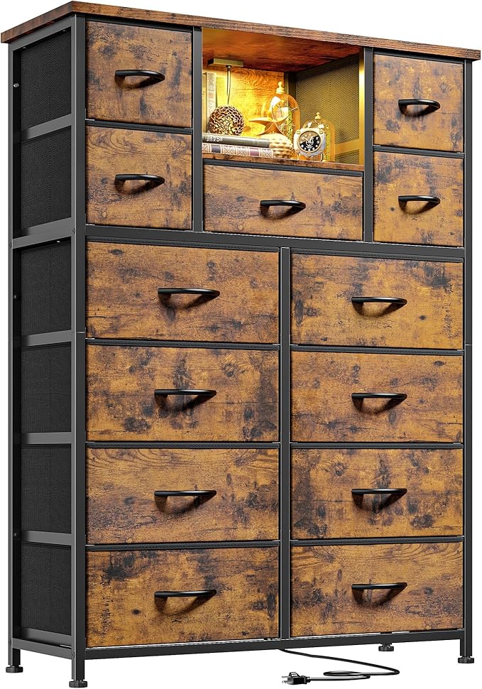 Dresser for Bedroom with 13 Fabric Drawers, Dressers with LED & 4 Charging Ports, 47''H Chest of Drawers with Open Storage Shelves for Hallway, Entryway, Rustic Brown