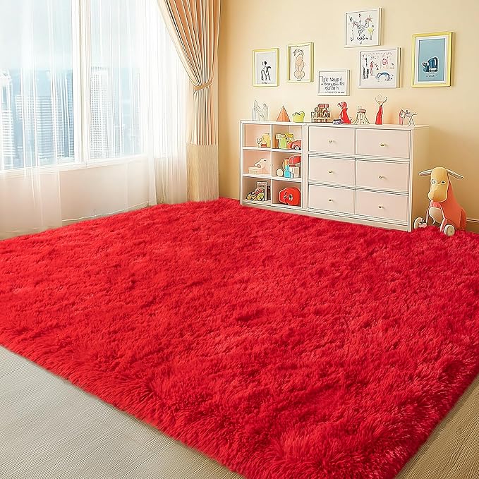 Red Rug 8x10 Carpet for Living Room, Soft Large Shag Rugs for Bedroom, Fluffy Fuzzy Modern Indoor Floor High Pile Area Rug for Kids Room Dorm Home Decor