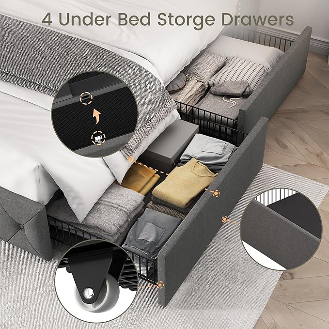 LARMACE Full Size Bed Frame with 4 Storage Drawers and Wingback Headboard Linen Upholstered Platform Bed Frame Tufted Beds with Wooden Slats Support, Easy Assembly, Light Grey