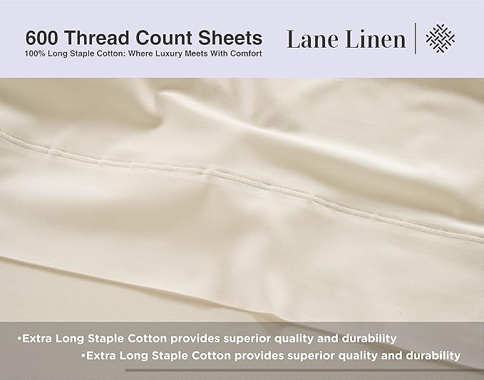 LANE LINEN 600 Thread Count Twin XL Sheets Set - 100% Cotton Bed Sheets Set Twin XL Size - Fully Elasticized Machine wash Sheets Set Twin XL Size, Deep Pocket Bedding Sheets & Pillowcases Set - Ivory