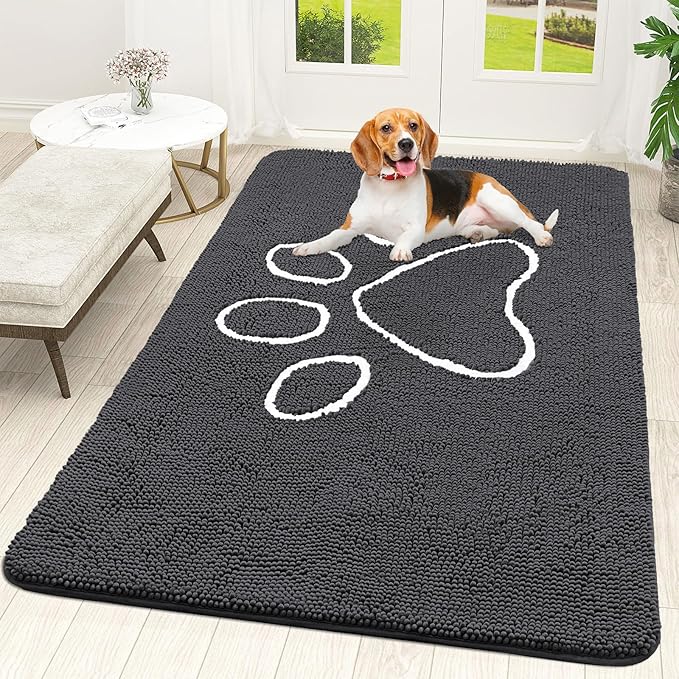 OLANLY Dog Door Mat for Muddy Paws 59x35, Paw Print Design, Absorbs Moisture and Dirt, Absorbent Non-Slip Washable Doormat, Quick Dry Chenille Mud Mat for Dogs, Entry Indoor Entryway Carpet, Dark Grey