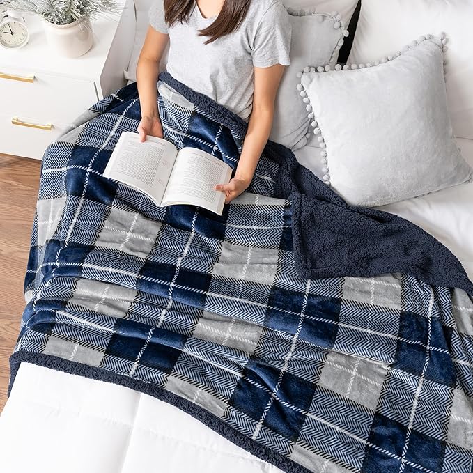 PAVILIA Blue Navy Plaid Sherpa Throw Blanket for Couch Twin, Plush Flannel Fleece, Soft Fuzzy Cabin for Sofa Bed, Warm Cozy Winter Gift, 60x80