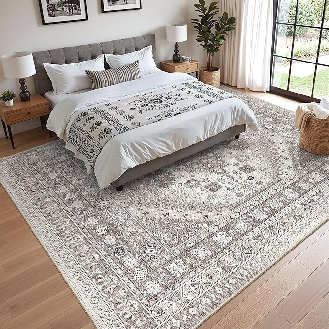 zesthome 9x12 Area Rugs,Stain Resistant Washable Rug,Ultra-Thin Rugs for Living Room,Bedroom,Non-Slip Backing Home Decor Large Area Rug (Brown/Beige,9'x12')