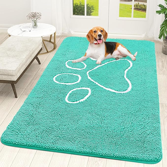 OLANLY Dog Door Mat for Muddy Paws 59x35, Paw Print Design, Absorbs Moisture and Dirt, Absorbent Non-Slip Washable Doormat, Quick Dry Chenille Mud Mat for Dogs, Entry Indoor Entryway Carpet, Teal