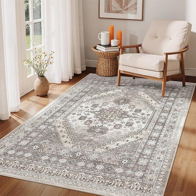 zesthome 3x5 Area Rug Ultra Soft Washable Rug, Non Slip Area Rug Indoor Entrance, Stain Resistant Rugs for Living Room Bedroom Vintage Home Decor (Brown/Beige,3'x5')