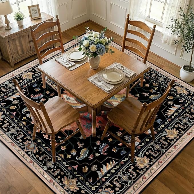 Area Rugs Square 7ft Washable Non-Slip, Floral Vintage Distress Print Pattern Medallion Carpet for Living Room Bedroom Dining Room, Black Colorful Floral Dark Tan