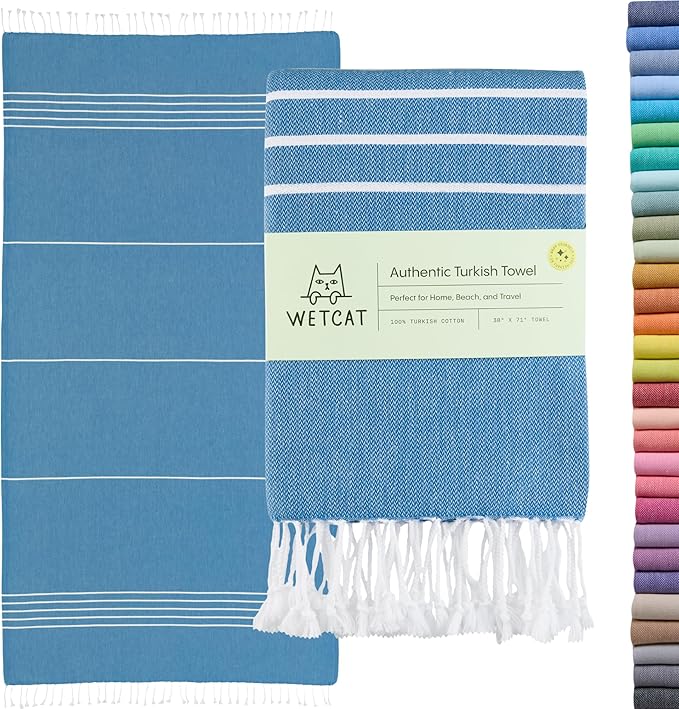 WETCAT Turkish Beach Towel Oversized (38"x71") 100% Turkish Cotton, Made in Turkey - Sand Free, Extra Large, Ultra Soft, Quick Drying, Compact & Lightweight for Travel - Royal Blue
