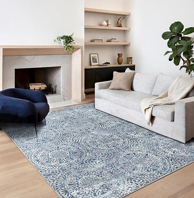 vivorug 4x6 Rug, Small Area Rug for Living Room, Bedroom, Kitchen, Machine Washable Non-Slip Throw Rug, Vintage Medallion Carpet for Entryway Nursery Coffee Table - Durable (Blue)