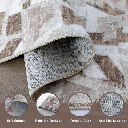 Modern Abstract 8X10 Area Rug for Living Room Bedroom Washable, Non-Slip Rubber Backing Print Faux Wool Thin, Brown Throw Large Carpet for Kids Playroom Dining Room Pet & Child Friendly