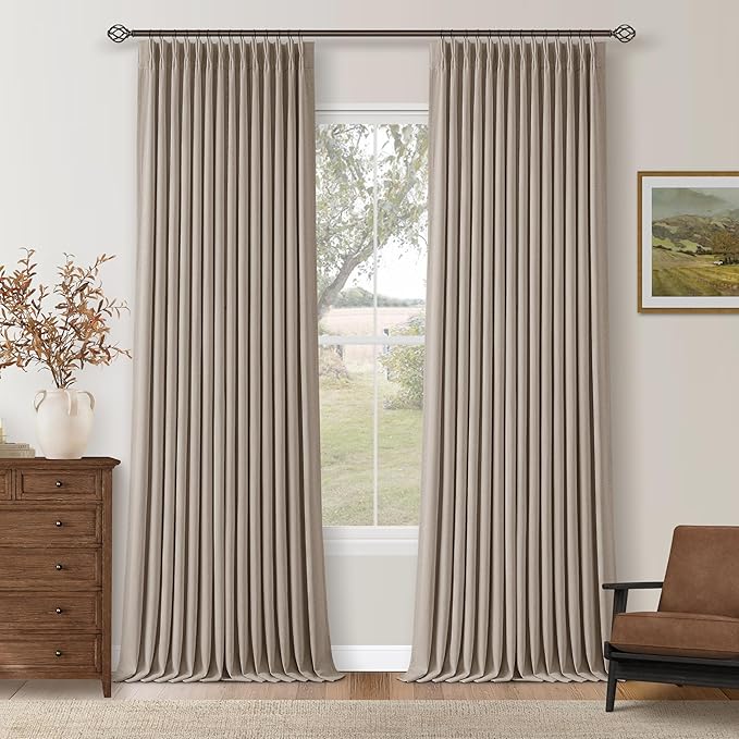 Greyish Beige Pleated Blackout Curtains 96 Inches Long 2 Panels Set for Dining Living Room Darkening Neutral Memory Shape Pinch Pleat Black Out Heavy Duty Thermal Insulated Curtain Drapes with Liner