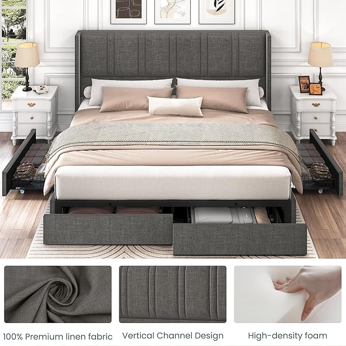 LARMACE Bed Frame Queen Size with Storage Drawers and Wingback Headboard, Linen Upholstered Platform Bed Frame with Wooden Slats, Easy Assembly, Light Grey