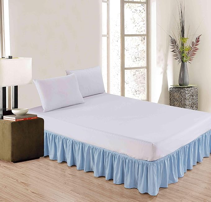 Sheets & Beyond Wrap Around Solid Microfiber Luxury Hotel Quality Fabric Bedroom Gathered Ruffled Bedding Bed Skirt 14 Inch Drop (Full, Light Blue)