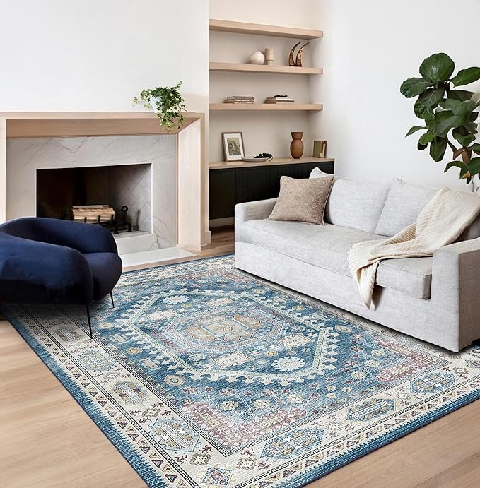 vivorug 6x9 Area Rug, Ultra-Soft Washable Rug for Living Room, Dinner Room, Bedroom, Non-Slip Vintage Medallion Rug, Indoor Carpet Large Area Rug, Blue