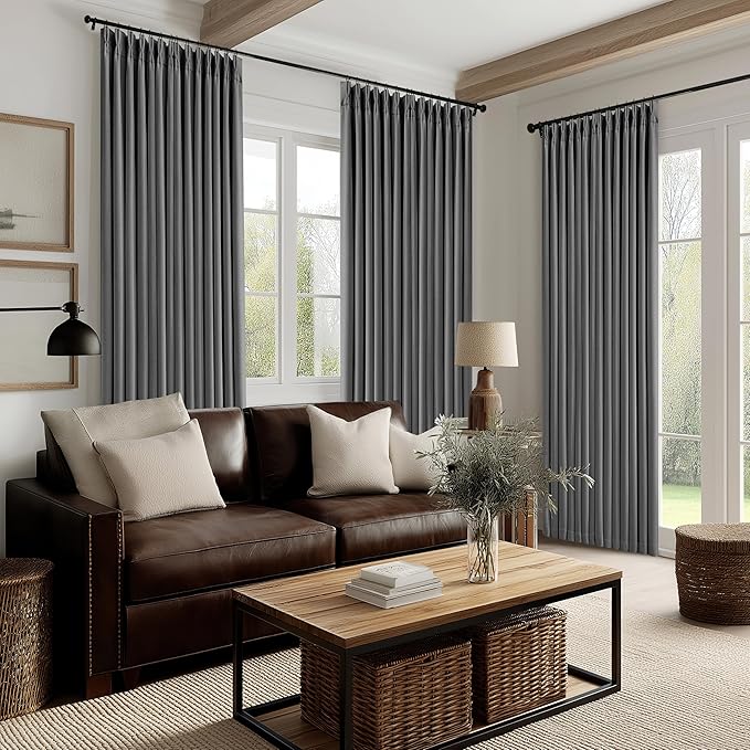 Charcoal Grey 120 Inch Blackout Pinch Pleated Curtains 2 Panel Set for Living Room Darkening Thick Linen Textured 100% Black Out Drapes 120 Inches Long Pinch Pleat Light Blocking Bedroom Dark Gray