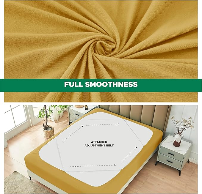 Biscaynebay Decorative Box Spring Cover Queen Size, Gold Luxurious Jersey Knitting Stretchy Wrap Around 4 Sides Bed Skirt for Home/Hotels, Easy Fit Wrinkle & Fade Free Machine Washable