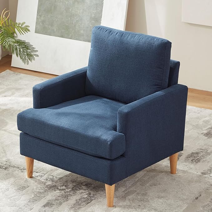 VKNOW Mid-Century Accent Chair, No Tools Assembly Required, Modern Upholstered Polyester Armchair for Living Room,Comfy Reading Accent Chairs with Wood Legs for Bedroom, Navy Blue