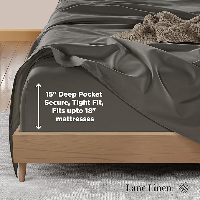 LANE LINEN Queen Size Bed Sheets Set – 600 Thread Count 100% Natural Cotton Cooling Sheets, Hotel Luxury Soft Sateen Finish, Snug Fit 15" Deep Pocket Elasticized Fitted Sheet – Charcoal