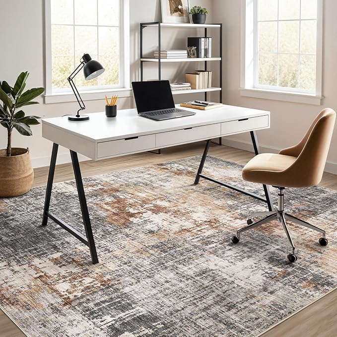 Area Rug Living Room Rugs - 8x10 Washable Large Soft Indoor Neutral Modern Abstract Low Pile Rug Carpet for Bedroom Dining Room Farmhouse Home Office - Grey Brown