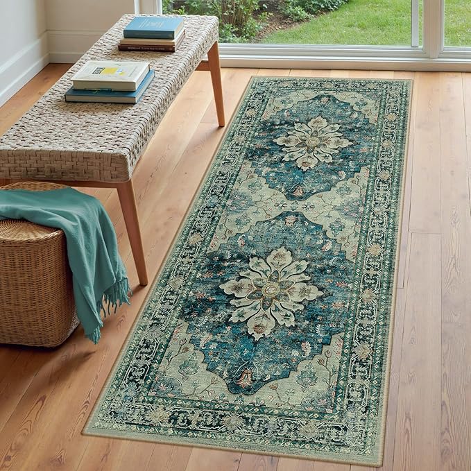 Area Rugs 3'x7' Washable Non-Slip, Floral Vintage Distress Print Pattern Medallion Carpet for Living Room Bedroom Dining Room, Dark Blue Vintage