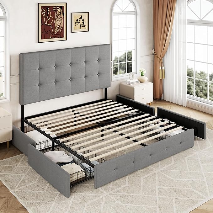 Allewie Upholstered Full Size Platform Bed Frame with 4 Storage Drawers and Headboard, Square Stitched Button Tufted, Mattress Foundation with Wooden Slats Support, No Box Spring Needed, Light Grey