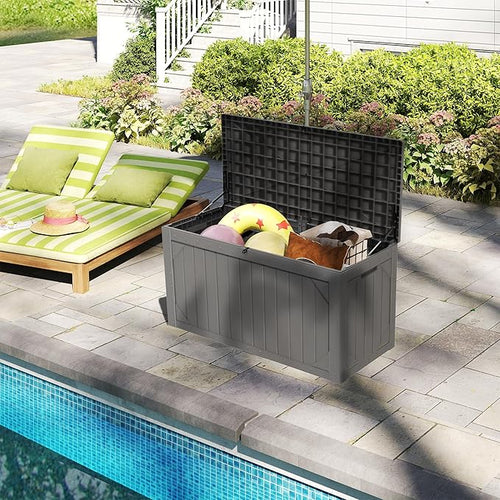 100 Gallon Outdoor Storage Box Waterproof, Lockable Resin Deck Box Patio Storage Bin for Pool Accessories Cushion Furniture, Garden Tools, UV-Resistant Outside Delivery, Grey