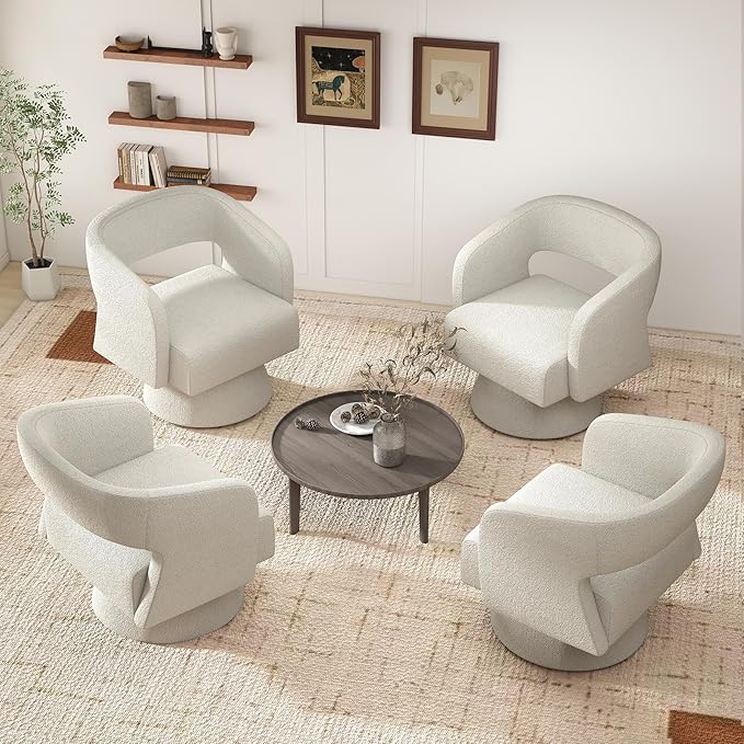 Swivel Accent Chair Set of 2, Modern Comfy Teddy Barrel Chairs, Oversized Upholstered Round Arm Chair for Living Room, Bedroom, Reading Room, White