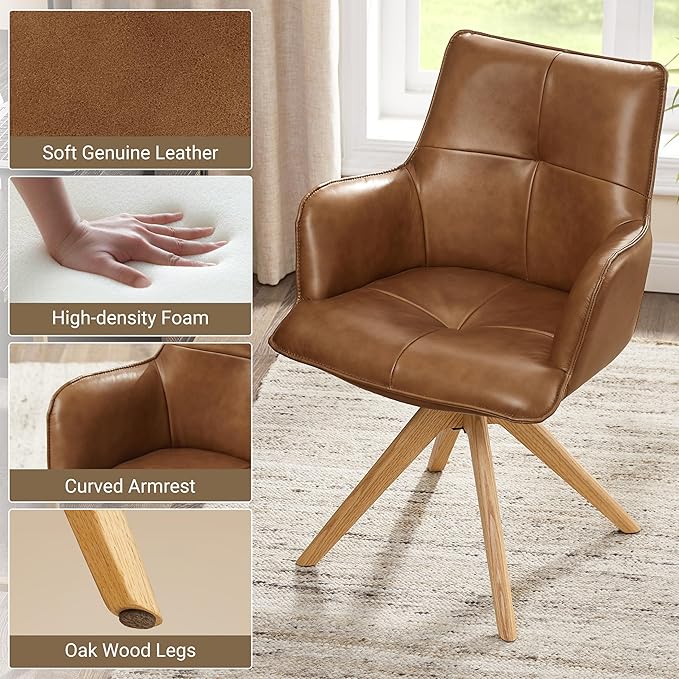 Art Leon Mid Century Swivel Chair - Genuine Leather Upholstered Desk Chair No Wheels, Accent Armchair with Oak Wood Legs for Small Space Living Room Bedroom, Set of 2, Brown