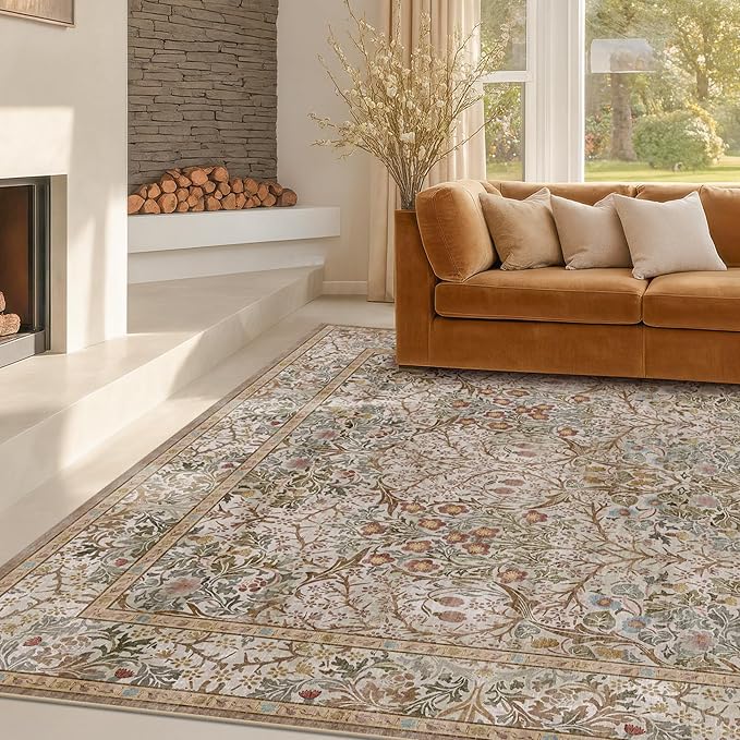 Washable Dining Room Rugs for Under Table - 6x9 Moss Green Oriental Area Rug for Living Room, Low Pile Non-Slip Floor Carpet for Bedroom Under Bed - Vintage Brown Neutral Design & Stain Resistance