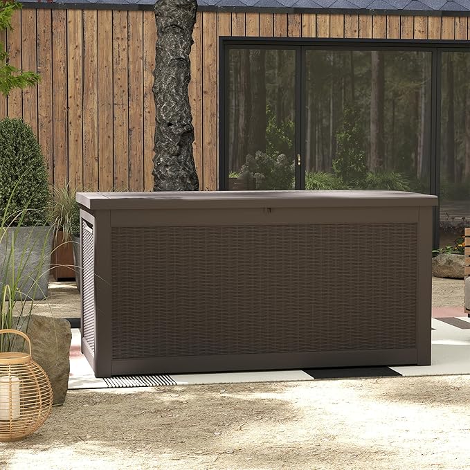 320 Gallon Outdoor Storage Box Waterproof, Resin Deck Boxes with Lockable Lid & UV-Resistant for Patio, Pool, Garden Furniture Cushions & Accessories, Coffee