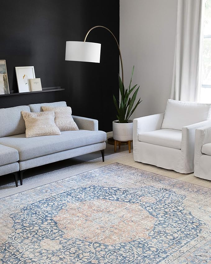 Loloi Layla Collection LAY-07 Blue/Tangerine 5'-0" x 7'-6" .13" Thick Area Rug, Soft, Durable, Vintage Inspired, Distressed, Low Pile, Non-Shedding, Easy Clean, Printed, Living Room Rug
