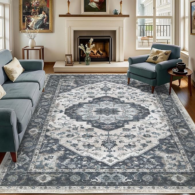 5x7 Vintage Washable Area Rug for Living Room,Low Pile Non Slip Carpet Non-Shedding Area Rug Soft Indoor Stain Resistant Rug Floral Print Mat for Bedroom Dining Room Blue Beige