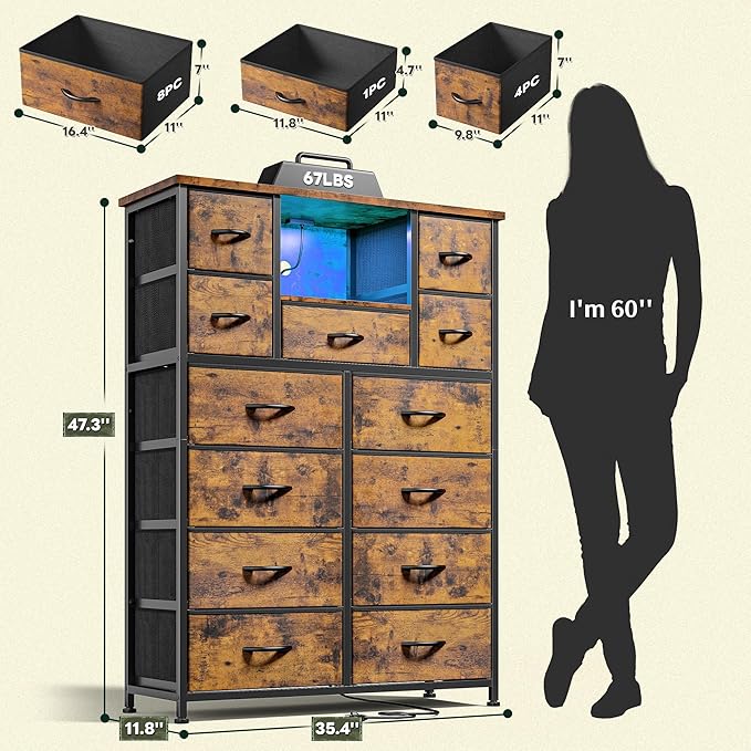 Dresser for Bedroom with 13 Fabric Drawers, Dressers with LED & 4 Charging Ports, 47''H Chest of Drawers with Open Storage Shelves for Hallway, Entryway, Rustic Brown