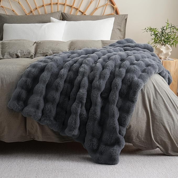 BENVWE Faux Fur Throw Blanket for Couch – Cozy Fuzzy Soft Plush Fluffy Thick Luxury Minky Bubble Blanket for Living Room Home Decor – Fathers Day Birthday Gifts for Women and Men, Grey, 51" x 63"